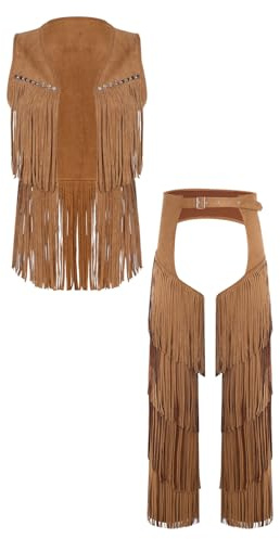 Rswnyirn Western cowboy kostym mocka cowboyväst chaps byxor med graderade fransar halloween karneval rollspel outfit brun XXL