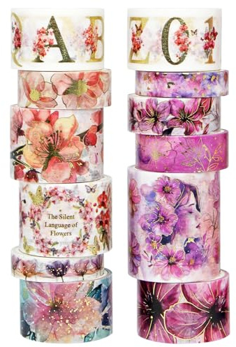 IEEBEE Washi tejpset – 12 rullar rosa blommigt alfabet dekorativ självhäftande tejp, glitter washi-tejp för journalföring och scrapbooking, gör-det-själv-hantverk, bibeljournalföring och