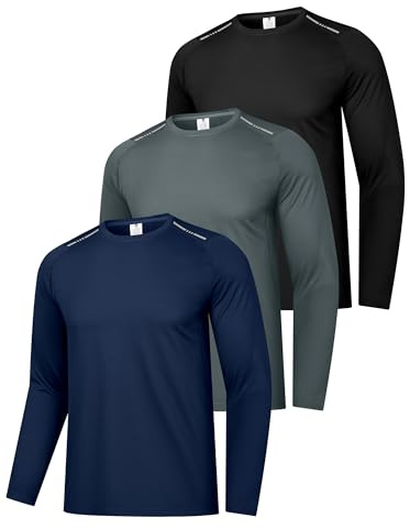 Holure 3 Pack Men's Sports Long Sleeve Shirts, Moisture-Wicking T-Shirts, Quick-Dry Fitness Training Wear. Black/Dark Grey/Navy Blue-3P01-L