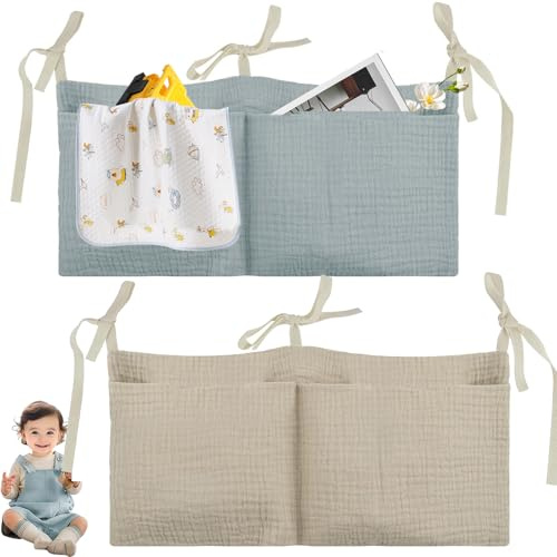 Aufbewahrungstasche für Bett,Babybett Organizer Hängend,Baby Kinderzimmer Organizer mit 2Tasche,Weich Atmungsaktiv zum Aufhängen für Windeln Kleidung Spielzeug Bett Organizer Kinderbett(Khaki+Grün)