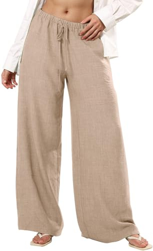 WINKEEY Pantalon Lin Large Femme Pantalon Bohème d'Été Fluide Léger avec Poches Palazzo Taille Élastique à Cordon
