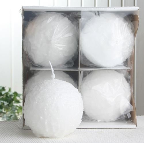 CandleCorner 4er-Set Kugelkerze Schneeball, ca. 10 cm Ø, weiß mit Glitter
