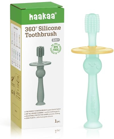 haakaa 360° Baby Toothbrush with Suction Base - Gentle Cleaning for Toddler's Self-Brushing Training, Food-Grade Silicone, Adjustable Safety Shield - Blue (1 Piece)