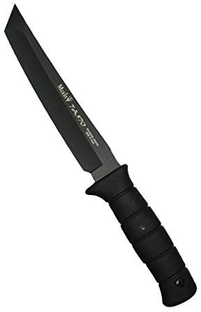Muela Cuchillo japones TANTO-19N hoja de acero ACX-380 de 19 cm negra y empuñadura de goma para Caza, Pesca, Supervivencia y Bushcraft - Realizado en Ciudad Real