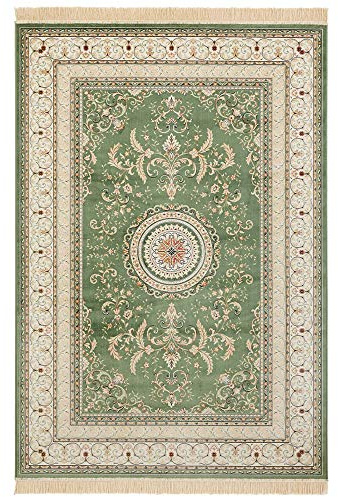 Nouristan Naveh Orient Teppich – Wohnzimmerteppich Orientalisch Kurzflor mit Fransen Vintage Orientalischer Samt-Teppich für Esszimmer, Wohnzimmer, Schlafzimmer – Grün, 135x195cm