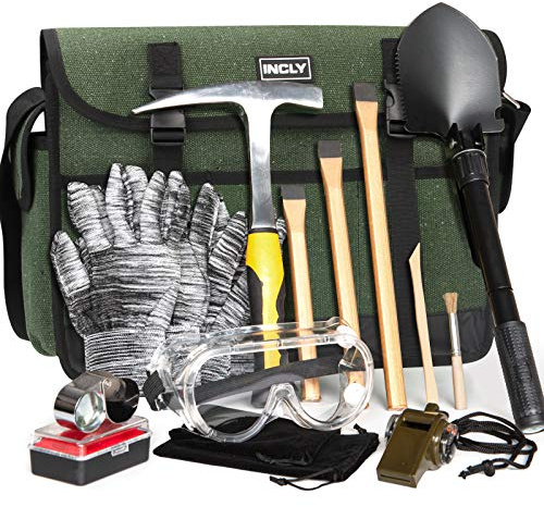 INCLY 15 PCS Rock Pick Geology Hammer Kit, 32oz Hammer & 3 PCS Fossil Digging Chisels Set for Bushcraft Rock Hounding,Mining & Prospecting Equipment Tool Gear Shovel Musette Bag