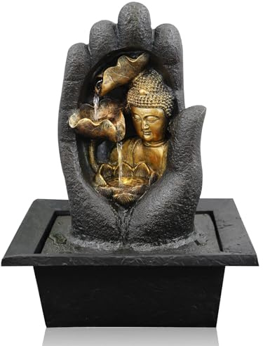 GEEZY Indoor Water Fountain - Hand Design Water Feature with LED Lights - Mains Powered & Self-Contained, Table Top, Relaxing & Tranquil - Perfect for Home, Living Room, Office Decor