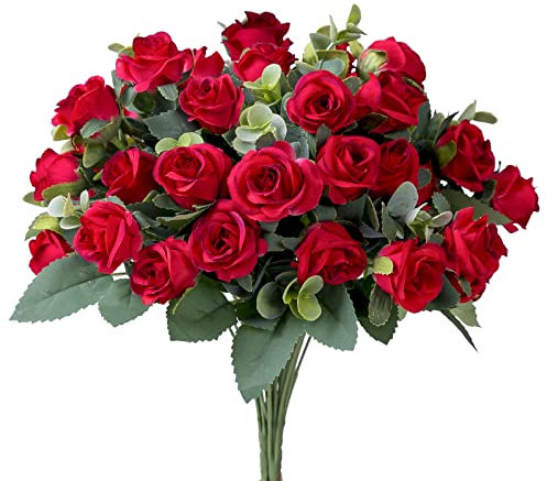 4 Bündel künstliche rote Rosen Blumensträuße künstliche Mini-Seidenrosen mit Eukalyptusblättern, Stiele für den Außenbereich, grüne Dekoration für Hochzeit, Zuhause, Büro