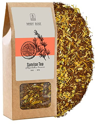 Mary Rose Red Tea Rooibos Sunrise 50g | Redbush Tea | Fruit and Herbal Tea | Decaffeinated Tea | Orange Peel | Ginger | Loose Leaf Tea | Rooibos Tea | Decaf Loose Leaf Tea | Tea Leaves | Rooibos