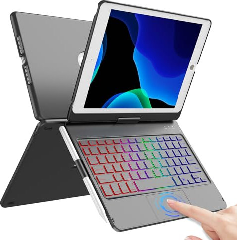 CC Store Custodia con Tastiera Touchpad per iPad iPad 9a/8a/7a (2021/2020/2019),Tasti Multi-Touch e Retroilluminati,Ruotabile a 360° e Supporto per Matita, Custodia con Tastiera Trackpad