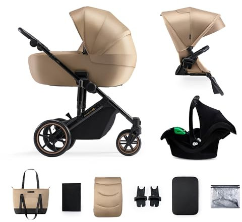 Kinderkraft PRIME 2 Poussette 3 en 1, avec siège auto MINK PRO i-Size, Dès la naissance jusqu’à 25 kg, Imperméable avec filtre UPF50+, Roues et châssis amortis, Beige