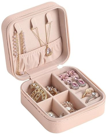 BSLVWG Schmuck-Box,kleine Reise Schmuck Organiser Aufbewahrungskoffer für Ringe Ohrringe Halskette Armbänder Tuch PU Leder Schmuck Box Organizer, Schmuck Geschenk Box für Mädchen Frauen (Rosa)
