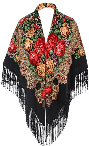 LOVNBHELP Russian Style Muffler Warm Scarf Women's Traditional Scarves Wrap Tassel Shawl Fringes Neck Head Shawl Retro Scarf/Black