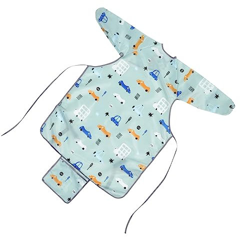 SHOWERORO Bibs and High Chair Cover for Toddlers, Waterproof Full Coverage Feeding Bib with Long Sleeves, Light Blue Allover Design, Protective Seat Mat Suitable for Babies’