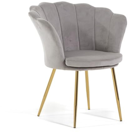 Fauteuil rembourré avec dossier en velours avec jambes chromées et coussin, fauteuil de salon, chambre à coucher et salle à manger Shelly (jambes Or, Velours gris clair)