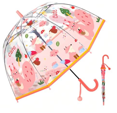 Generisch Kinder Clear Bubble Regenschirm Transparente Kuppel Durchsichtige Kinder-Regenschirme für Jungen und Mädchen mit kneifsicherem Verschluss und griffigem Hakengriff (Pink Squirrel)