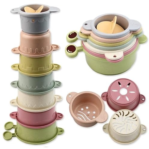 BERYLED Juguete Tazas Apilables Bebés de 6 12 18 Meses, 7 Piezas, Juguetes para Construir 2 en 1 Horizontal y Vertical, Torre de Baño, para Jugar en la Playa con la Arena, Vasos Montessori Educativo