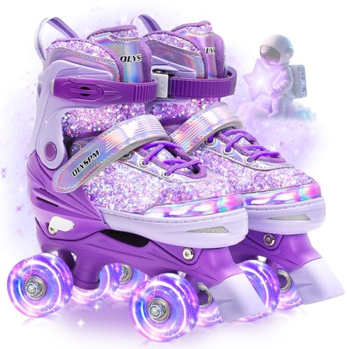 OLYSPM Patines 4 Ruedas, Empeine Luminiscente,4 tamaños Ajustables con 8 Ruedas Que Brillan y Bolsa de Almacenamiento para Niñas y Niños(Violet)