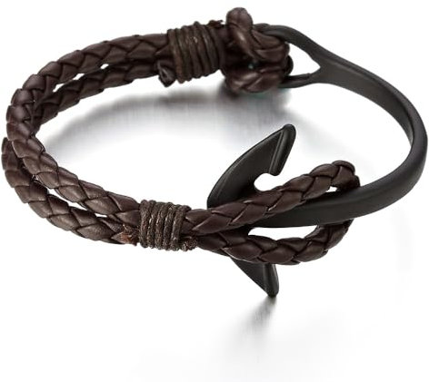 COOLSTEELANDBEYOND Svart ankare armband män armband armband med brunt flätat läderrem, Läder och bomull, Ingen ädelsten