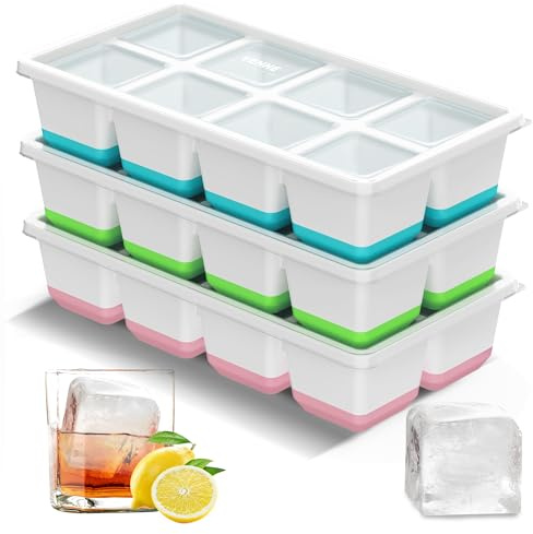 VEHHE Ice Cube Tray with Lid-Mixed Colours, Silicone Large Ice Cube Moulds for Freezer Easy Release&Stack, for Whisky, Cocktails, Drinks