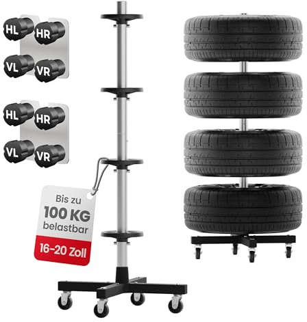 GENTOR Felgenbaum fahrbar für 4 Autoreifen bis 225mm (16–20 Zoll) – Reifenständer bis 100kg mit Rollen, Feststeller & 8 Reifenmarkierern – felgenschonende Lagerung