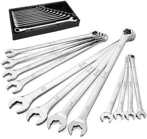 SK 6 Point Bolt Extractor Wrench, Metric 8 to 19mm, 12-Piece, Extra Long Combination Wrench Set, Mirror Krome Finish, Premium CR-MO Construction, for Rounded and Stripped Bolts Removal