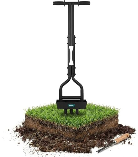 Sillar Aireador Césped Manual con Bandeja Recoge Tapones – Escarificador 3 Puntas Acero – Descompactador Suelo Compactado – Aireación Césped Manual – Herramienta Jardín 96 cm