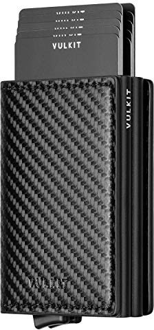 VULKIT Cartera Tarjetero Hombre Piel con Doble Caso RFID Bloqueo Tarjeteros Pocket Minimalista con 3 Ranuras para Tarjetas y Billetes, Fibra de Carbon