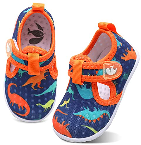 FEETCITY Zapatos de deporte acuático para niños y niñas descalzos para niños, calcetines acuáticos de secado rápido para la playa, naranja (Naranja Dinosaur Lk), 18-24 Meses