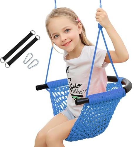 nets Tribe Hand-Knitting Toddler Swing, Swing for Kids with Adjustable Ropes, Heavy Duty Rope Play Secure Children Swing Set, for Indoor, Outdoor, Playground, Tree, 440 lbs Capacity (Blue)