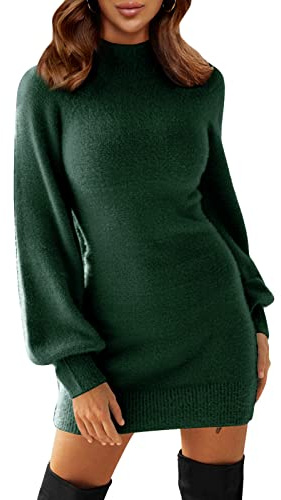EXLURA Women's 2026 Mock Neck Ribbed Long Sleeve Bodycon Pullover Cute Mini Sweater Dress Vacation Outfits Winter Clothes Dark Olive Green