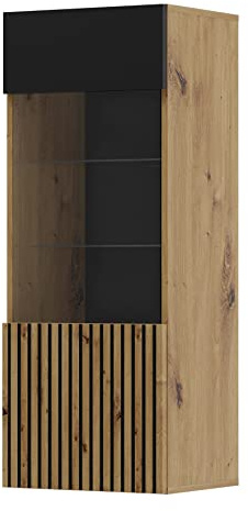 BIM Furniture AURIS Vitrine en Verre 115 cm avec étagères côté Meuble Vitrine bibliothèque Noir Mat/chêne Artisanal