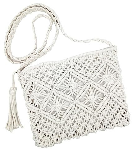 oukesin Kleine Umhängetasche aus Baumwolle für Damen Makramee handgefertigt mit Quaste Sommerstrand,041Weiß