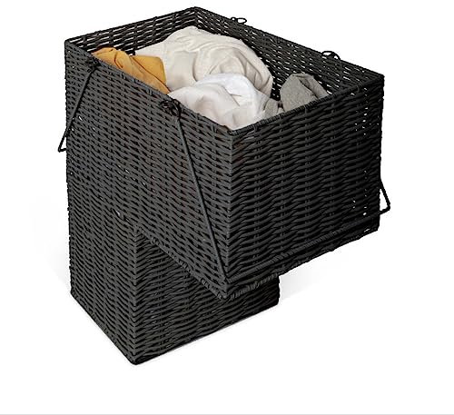 Vencier Natural Woven Wicker Resin Basket Made for Stairs - Storage Organiser For Laundry, Slippers, Shoes, Blankets, Toys – Easy to Carry (Black)