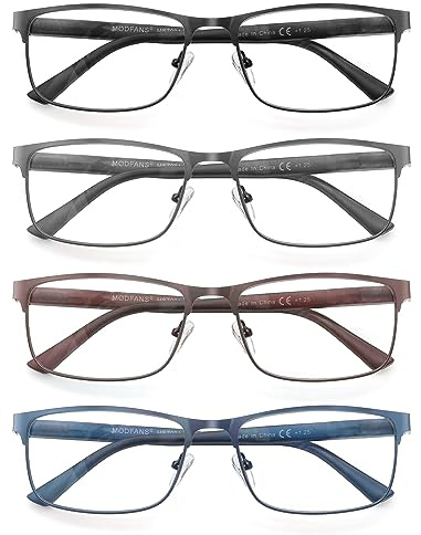 MODFANS Lot de 4 Lunettes de Lecture Homme Blocage de la Lumiere Bleue Monture Rectangle en Metal Acier Inoxydable Lunettes de Vue Lunettes Loupe Noir Gris Bleu Marron