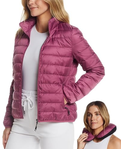 Weatherproof Women's Packable Puffer Jacket with Travel Neck Pillow - Lightweight, Warm, Water-Resistant Down Jacket (Medium) Orchid | Quilted, Packable Travel Jacket with Long Zipper
