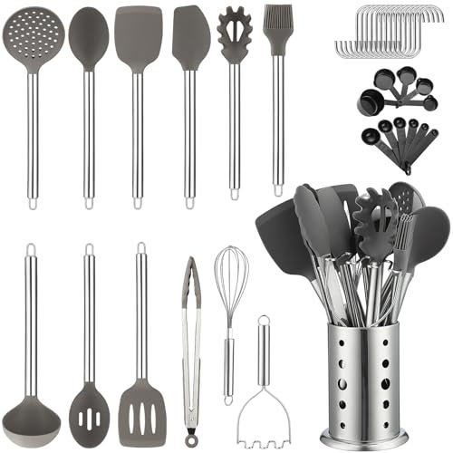 Set di utensili da cucina, Kyraton 38 pezzi di cucina in silicone antiaderente, set di cucchiai e spatole con robusto supporto per utensili in acciaio inox, lavabili in lavastoviglie