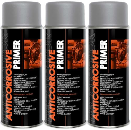 Deco Color 3 Stück ANTICORROSIVE PRIMER GRAU 400ml - Grundierung/Haftgrund für z.B. Alufelgen, KFZ, Holz, Beton (3 Dosen 400ml Grundierung Grau)