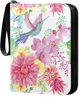Kolibri Orchidee Blume Sammelkartenalbum 4 Taschen Kartenordner 50 Seiten 400 Karten PU Reißverschluss Kartenbinder Aufbewahrungshalter für Sportspielkarte