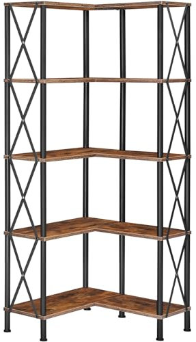 HOOBRO Bücherregal mit 5 Ebenen, industrielles großes Eckregal, L-förmiges Regal, hohes Lagerregal, bodenstehendes Eckregal, Standregal, für Wohnzimmer, Schlafzimmer, Büro, Vintagebraun EBF60SJ01