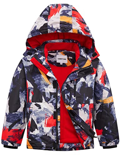 UMMTOM Boys Waterproof Ski Jacket Fleece Lined Warm Winter Snow Coat Hooded Winter Jacket for Kids(Ink Painting,13-14)