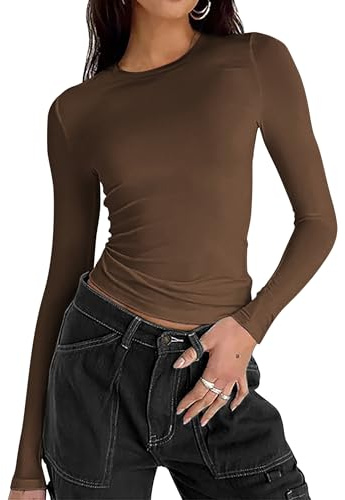 Zeagoo Maglietta Donna Maniche Lunghe T-Shirt Maglia Sexy Slim Fit Crop Top | Elegante Girocollo Basic Solido Tee Casual Camicia Tops XS-XL