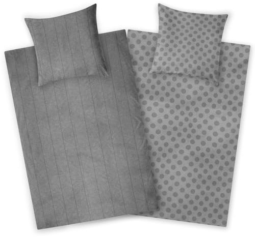 Aminata kids Biber Bettwäsche 135x200 Streifen Punkte grau Flanell Baumwolle Muster, Wende-Bettwäsche-Set, warm & weich für Jugendliche und Erwachsene