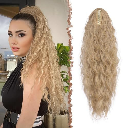 FESHFEN Coleta Postiza Pelo Natural con Pinza Cola Postiza Largo Ondulado Rizado Rubio & Rubio Ceniza Mixto Sintética Extensiones Coleta Postizos para Mujeres, 65 cm