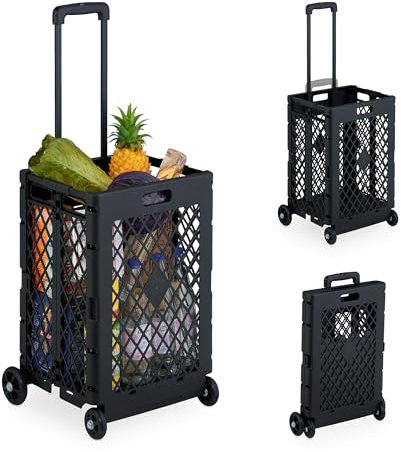 Relaxdays Carrito de Compra Plegable, Carro con Ruedas para Comprar, Resiste 25 kg, Mango Telescópico, Caja Alta, Negro, Hierro, 99 x 43,5 x 38 cm