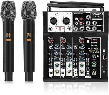 SOWOITIG Karaoke Mischpult mit 2 kabellosen Mikrofonen, 4-Kanal Audio Mixer DJ Konsole Musik Soundboard Drahtlosem Mikrofon Mischpulte mit Bluetooth, USB-Port, 48V Phantomspeisung für Studio Aufnahme