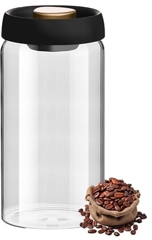 NEXROLA Kaffeedose 1800 ml – Vakuum-Kaffeedose aus Borosilikatglas (schwarz-gold) Kaffeebohnenbehälter, geeignet für Nüsse, Tee, Trockenfrüchte, feuchtigkeits- und oxidationsbeständig