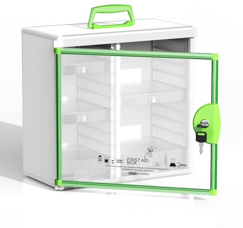 Glosen Lockable Medicine Cabinet Organizer, Bathroom Medicine Storage Box Wall-Mounted, Portable Medication Lock Box with Key 13.58 * 6.50 * 12.40 Inches (Green, Small)