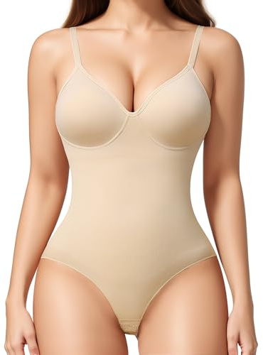 KUMAYES Shapewear Bodysuits for Women Tummy Control Shapewear with Built in Bra V-Neck Body Shaper Shaping Slimming Bodysuit(Beige, XL)
