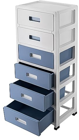 Cassettiera con 6 cassetti, larghezza 35 cm, scatola in plastica con ruote e maniglie, organizer impilabile per ufficio/cosmetici, materiale PP senza BPA, cassetti rimovibili, bianco e blu